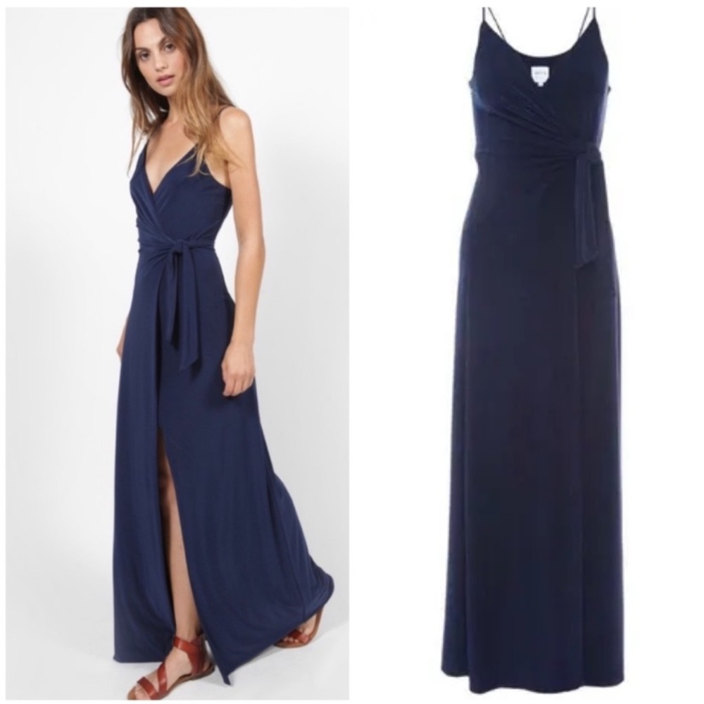 Misa Los Angeles Navy Blue Wrap-Front Spaghetti Strap Midi Dress